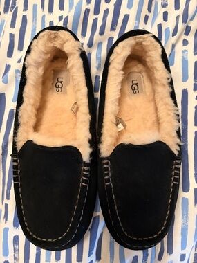 UGG Black Suede Shearling-Lined Moccasin Slippers